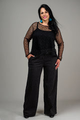 WIDE LEG PANTS – BLACK AND WHITE PINSTRIPE