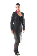 different view of a Model wearing our black bolera lace up jacket