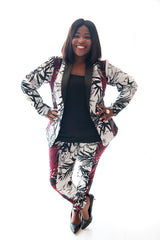 front view of gal in our leaf print cogar pants