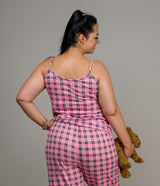 PJ CAMI GATHER NECK - PINK TARTAN