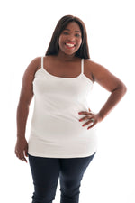 plus size model in our white cami with plain neck