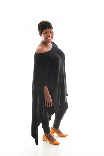 side view of lady in our black angelica poncho