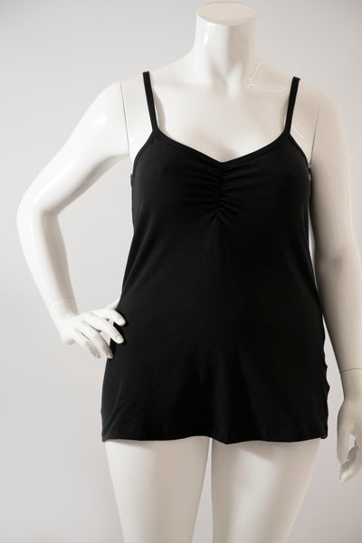 front view of our black cami with gather neck on the mannequin