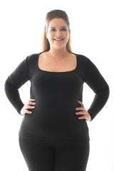 curvy lady in our black cami with long sleeves