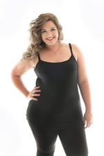 curvy woman in our black cami with plain neck