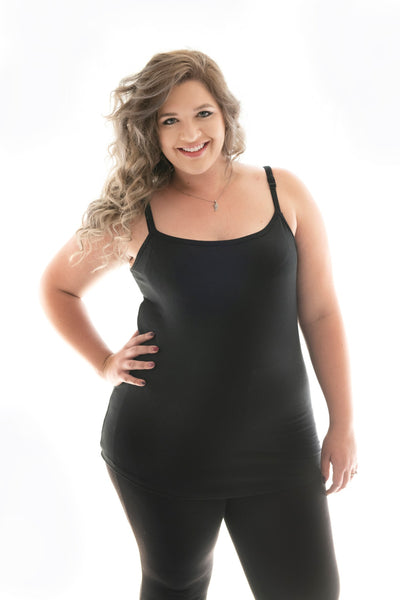 curvy woman in our black cami with plain neck