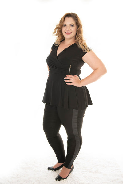 side view of lady wearing our black carriere with cap sleeve