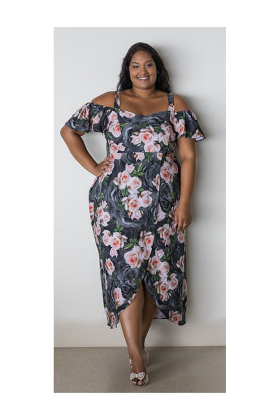 GEMMA DRESS – PINK/BLACK ROSE PRINT