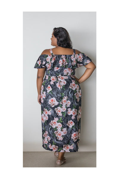 GEMMA DRESS – PINK/BLACK ROSE PRINT
