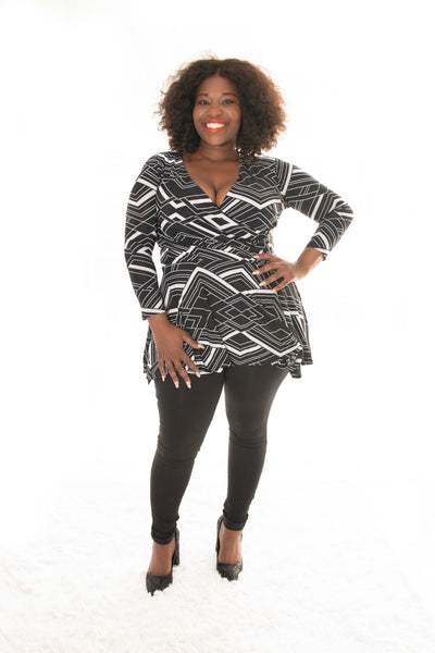 curvy lady in our geo print carriere top