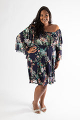 side view of navy floral sophia midi dress