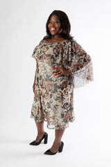 side view of rose print sophia midi dress