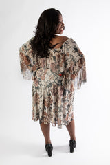 back view of rose print sophia midi dress