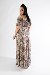 back view of rose print sophia maxi dress 