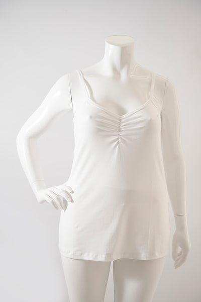 front view of our white gather neck cami on the mannequin
